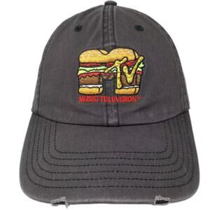 MTV Baseball Cap Gray Slideback Hat OS Embroidered Distressed Cheeseburger Logo